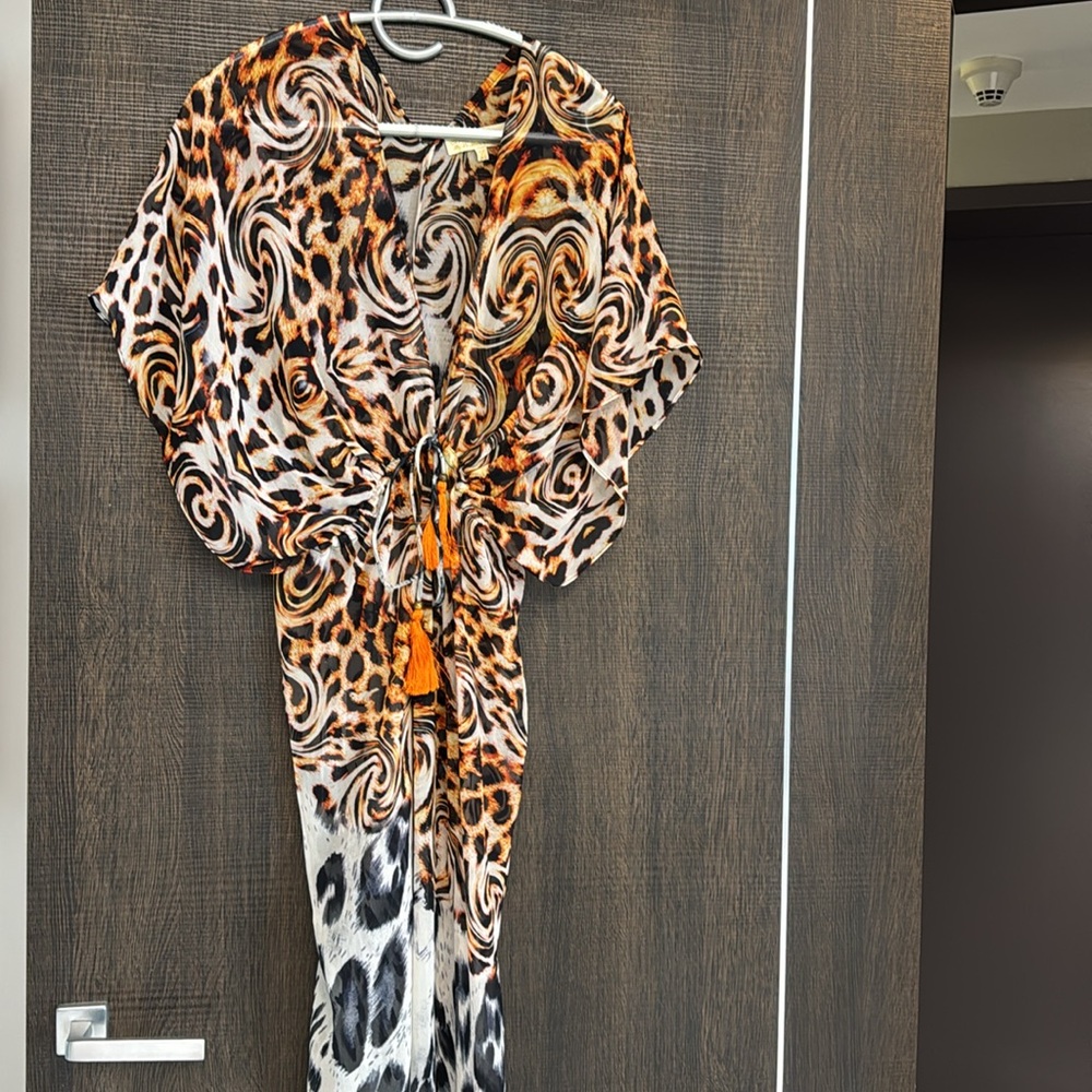 Animal Print Maxi Dress Kimono style beach cover up with slit O/S